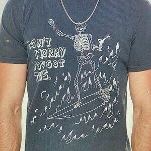 MOTHER Black Short-Sleeve Tee with White Skeleton Surf Graphic Men Size XL